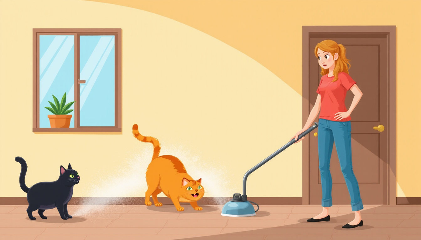 frustrated cat spraying urine on wall indoors, owner cleaning urgently, bright home lighting