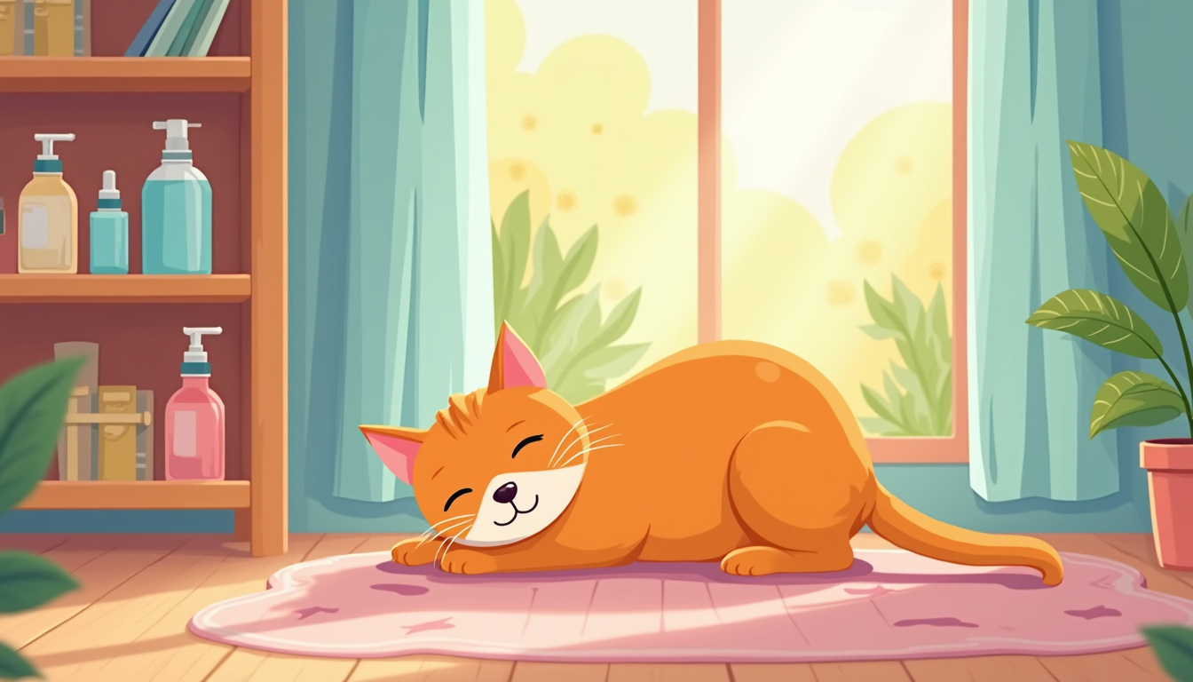 calm cat in cozy room, anti-spray products on shelf, peaceful atmosphere, natural light