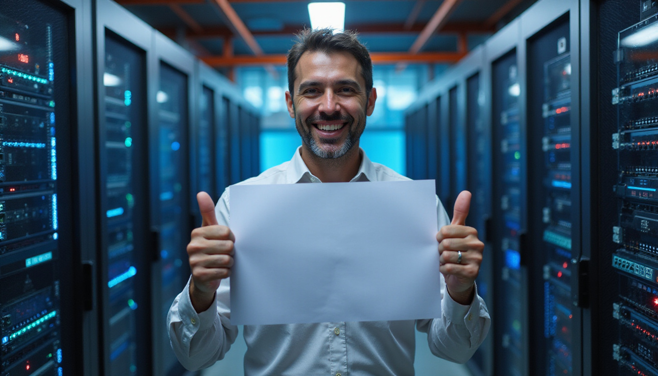 confident IT specialist celebrating certification success, digital network and server racks glowing