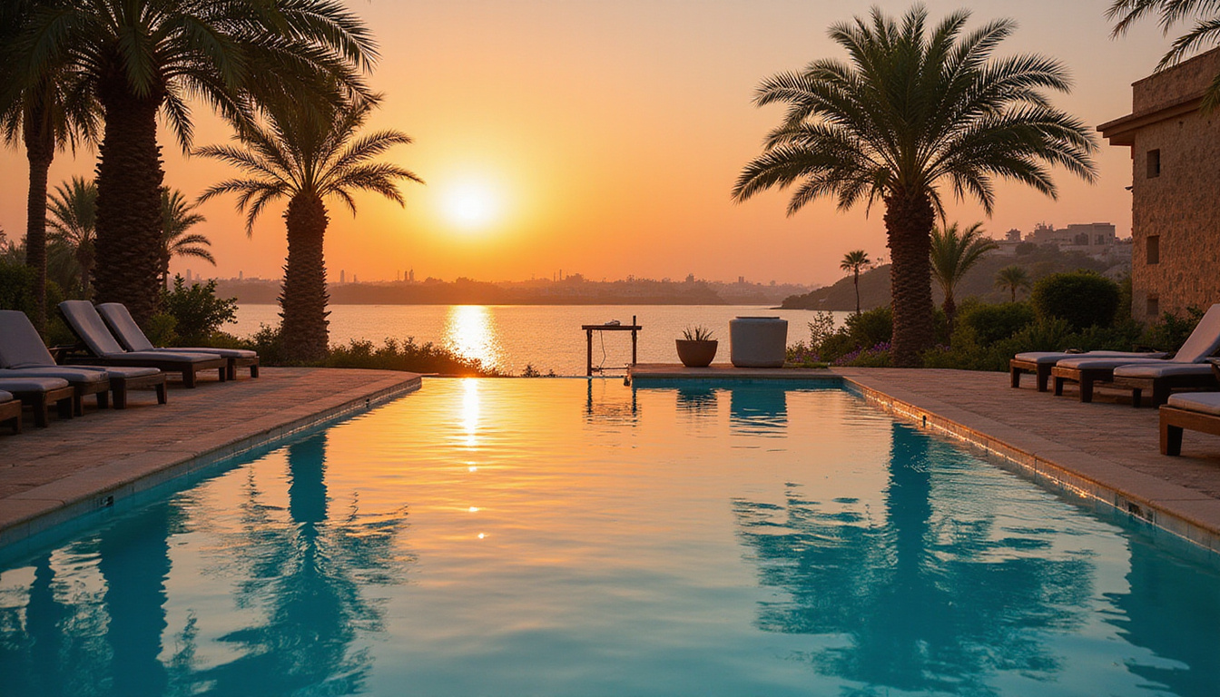 tranquil spa retreat by the Nile at sunset, soothing waters, palm trees, peaceful ambiance