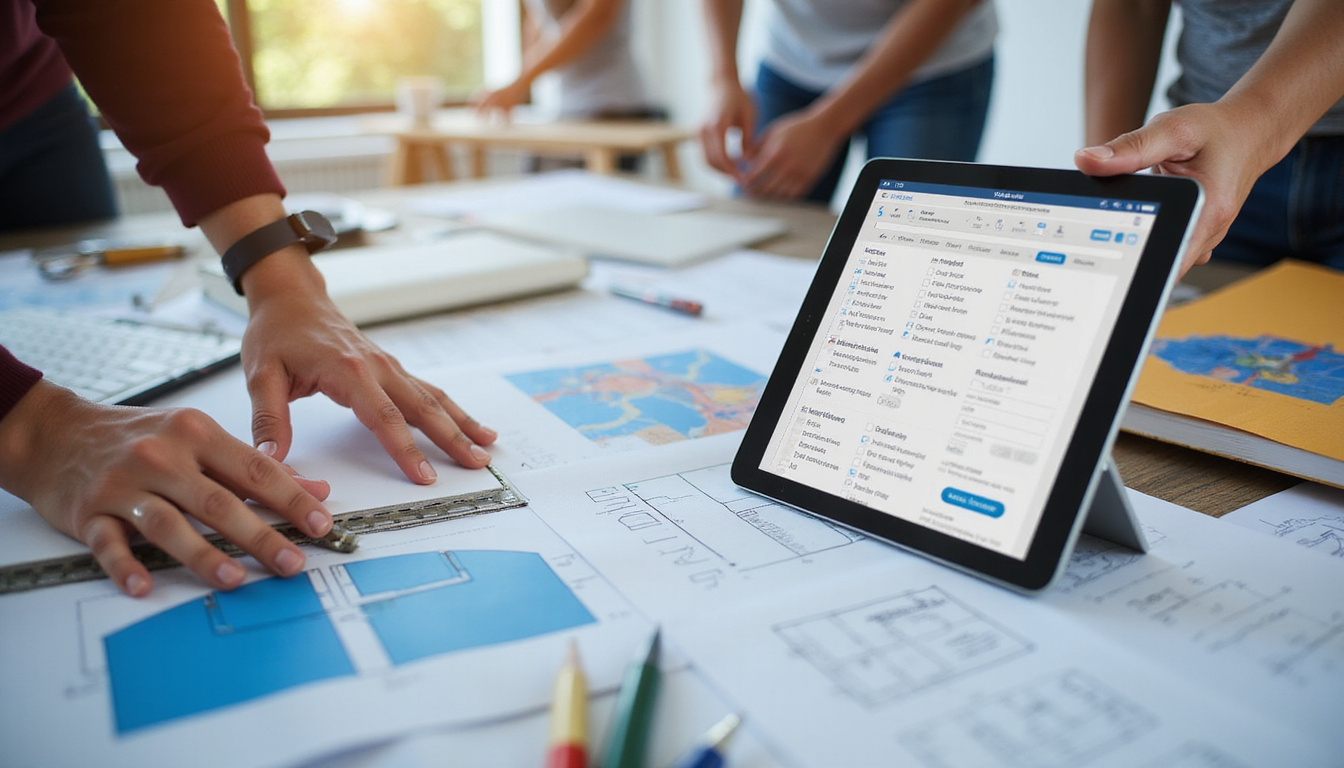  organized workspace with digital project plans, construction tools, renovation checklist on tablet, teamwork in progress