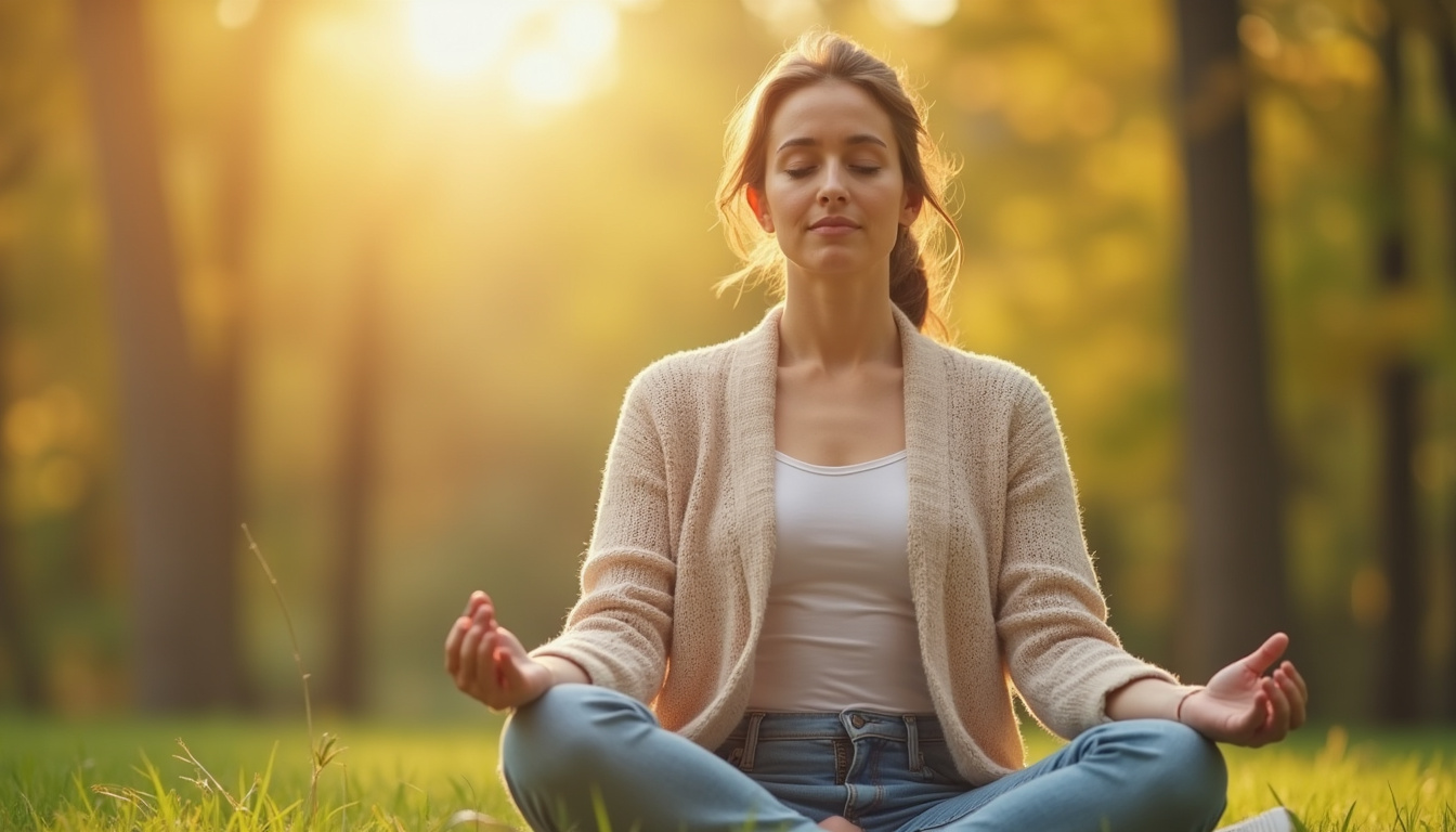  Woman practicing mindfulness meditation outdoors, serene nature background, peaceful hunger control concept