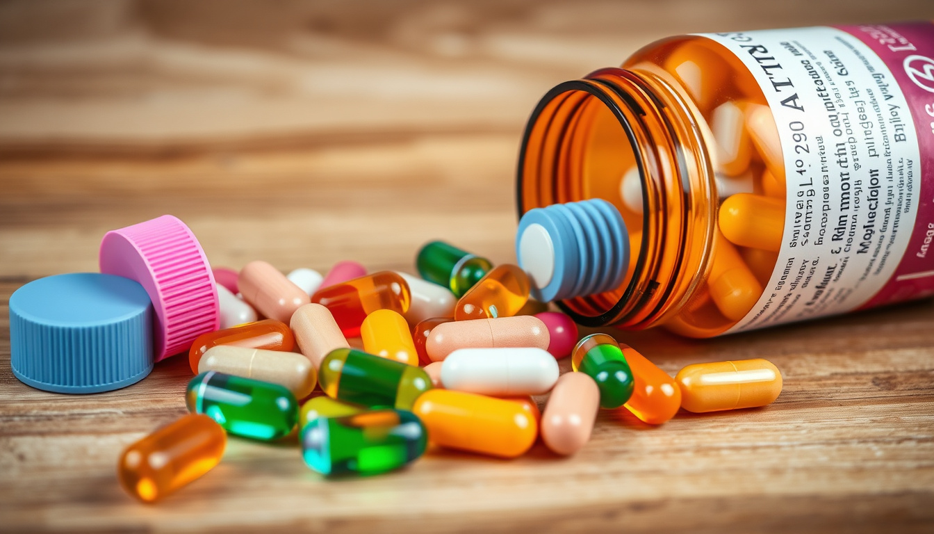  close-up of colorful joint support vitamins spilling from bottle on wooden table
