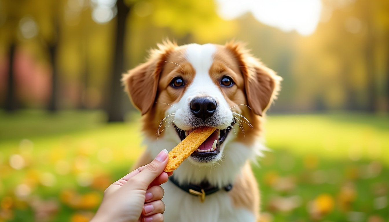  Happy dog eagerly eating natural, wholesome treat in sunny park setting