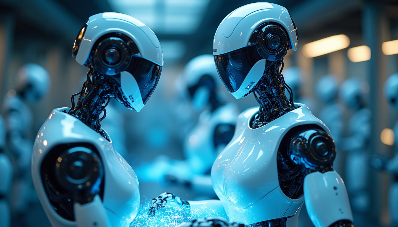  sleek autonomous robots collaborating seamlessly, holographic interfaces, blue and silver tones, high-tech environment
