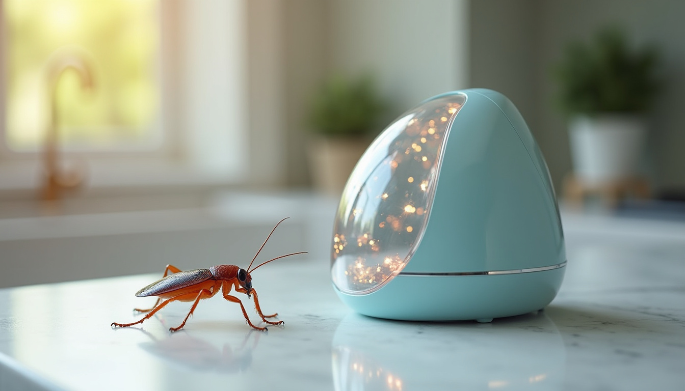  Close-up of a shiny roach sanitizer gadget eliminating bugs on a countertop