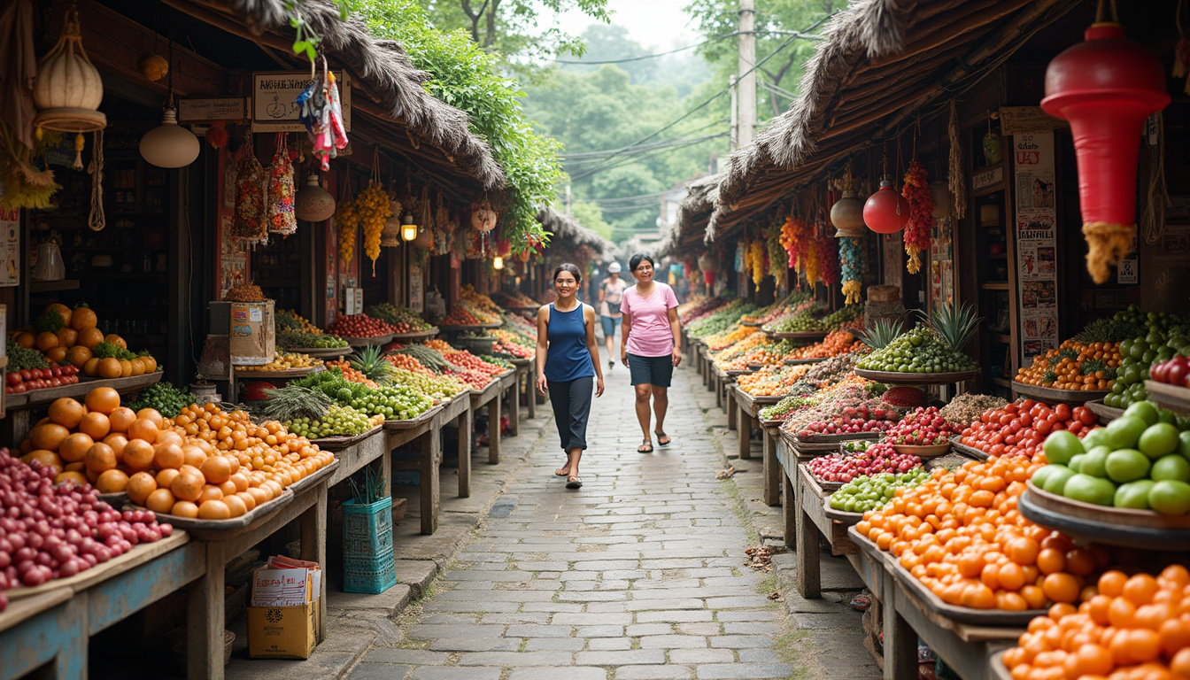  Colorful Balinese market with exotic fruits, crafts, and smiling locals under thatched roofs