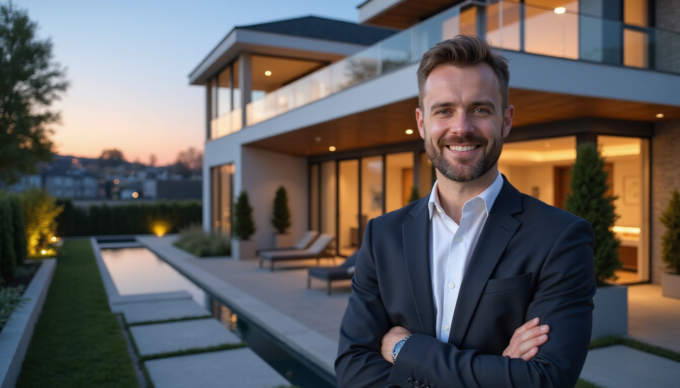  Handsome real estate agent showing renovated luxury home, competitive city market backdrop, vibrant evening light