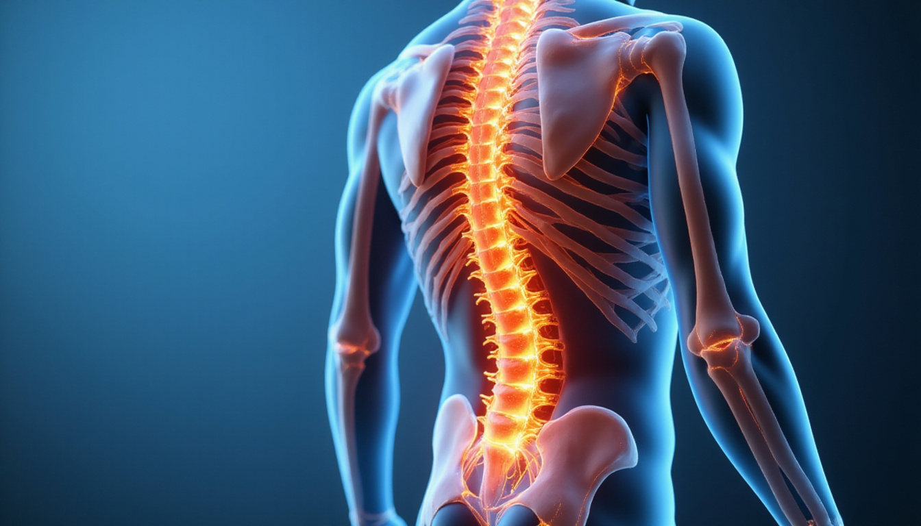  Anatomical illustration of lumbar spine, muscles highlighted, healthcare background, detailed and clear