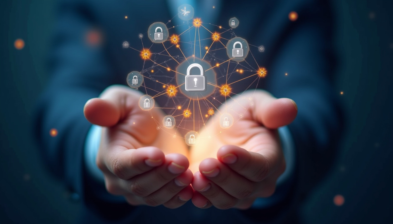  Hands holding a transparent blockchain ledger, surrounded by floating secure digital asset icons