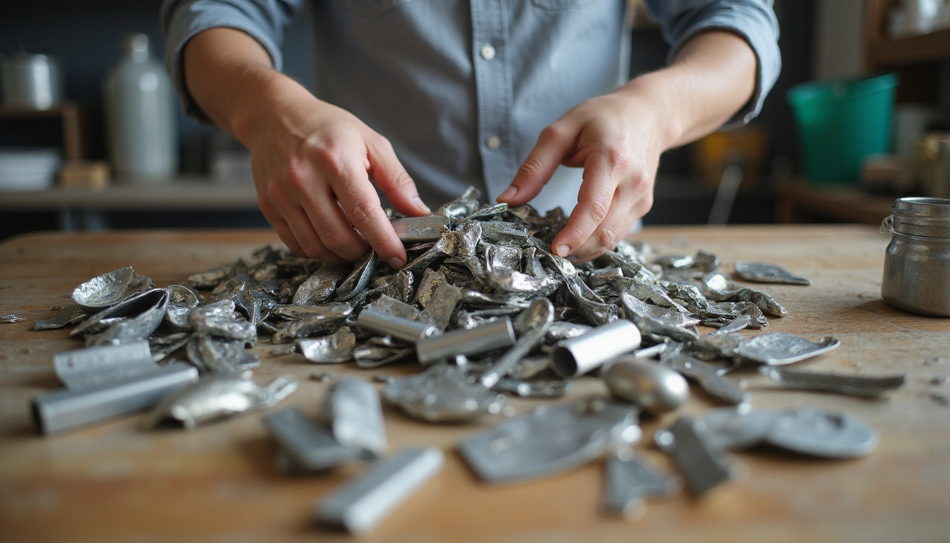 close-up of hands sorting various scrap metals on a wooden table, recycling symbols in soft focus background