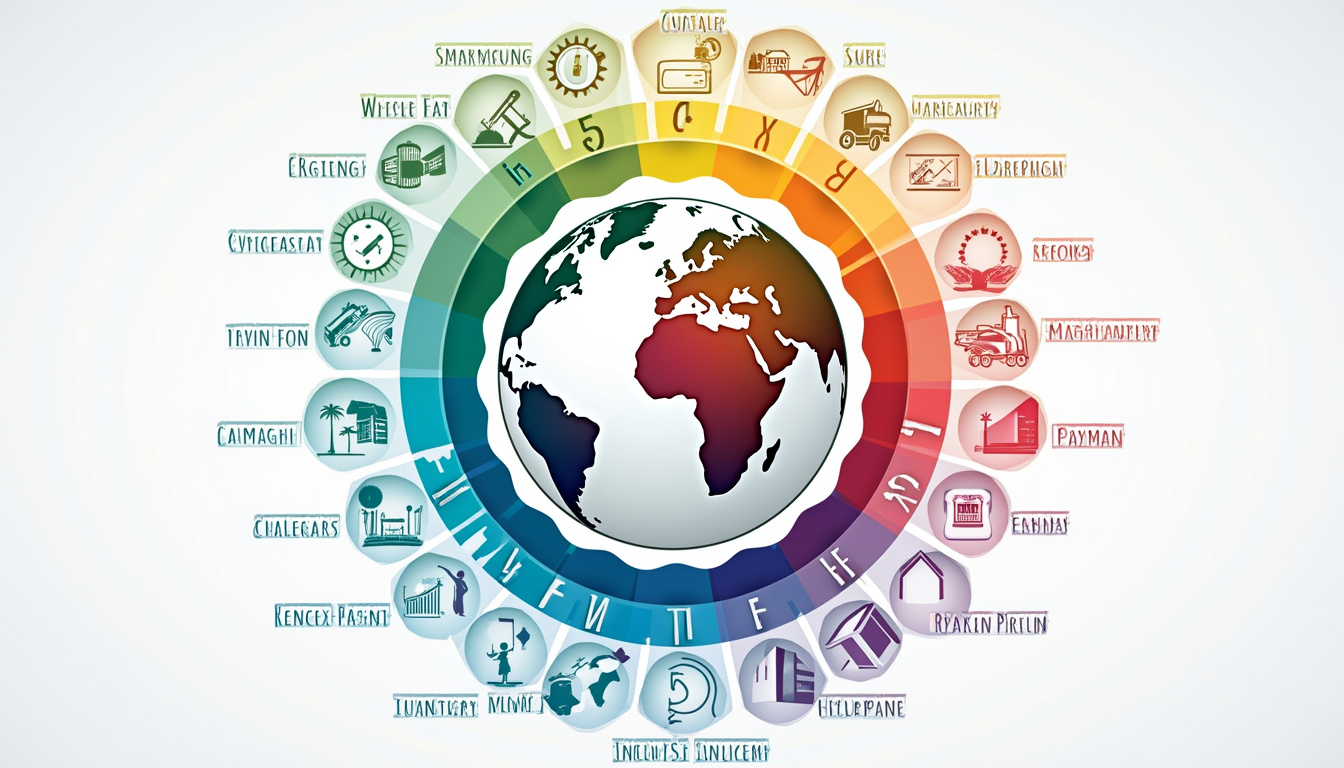  Colorful infographic showing NAICS classification hierarchy with diverse industry icons around a globe