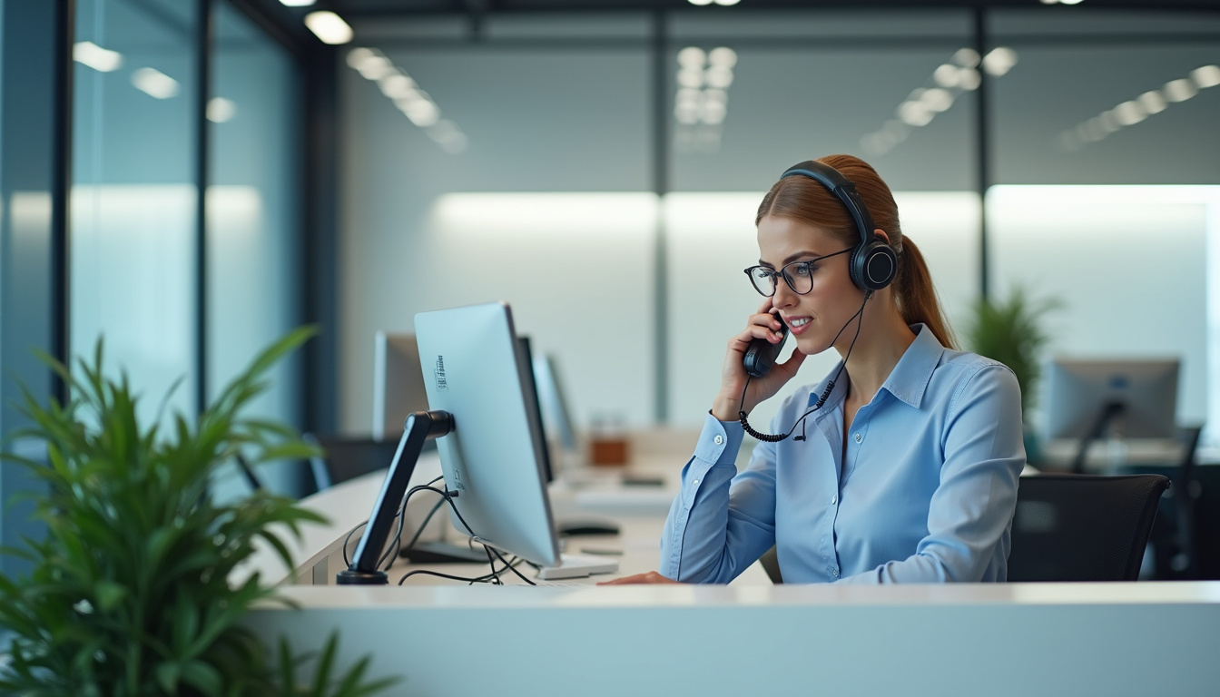  busy receptionist skillfully managing multiple phone lines in sleek corporate environment