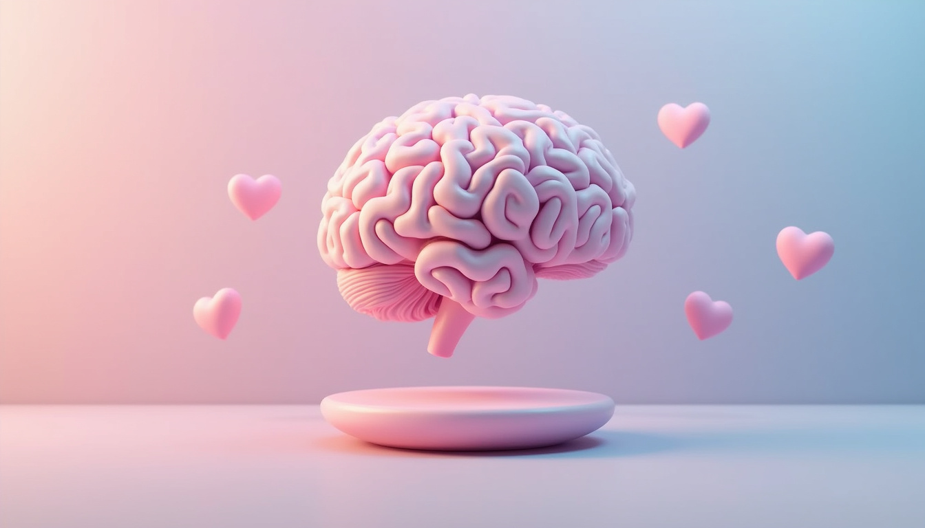  Calm mind concept, floating brain and heart symbols, soft pastel colors