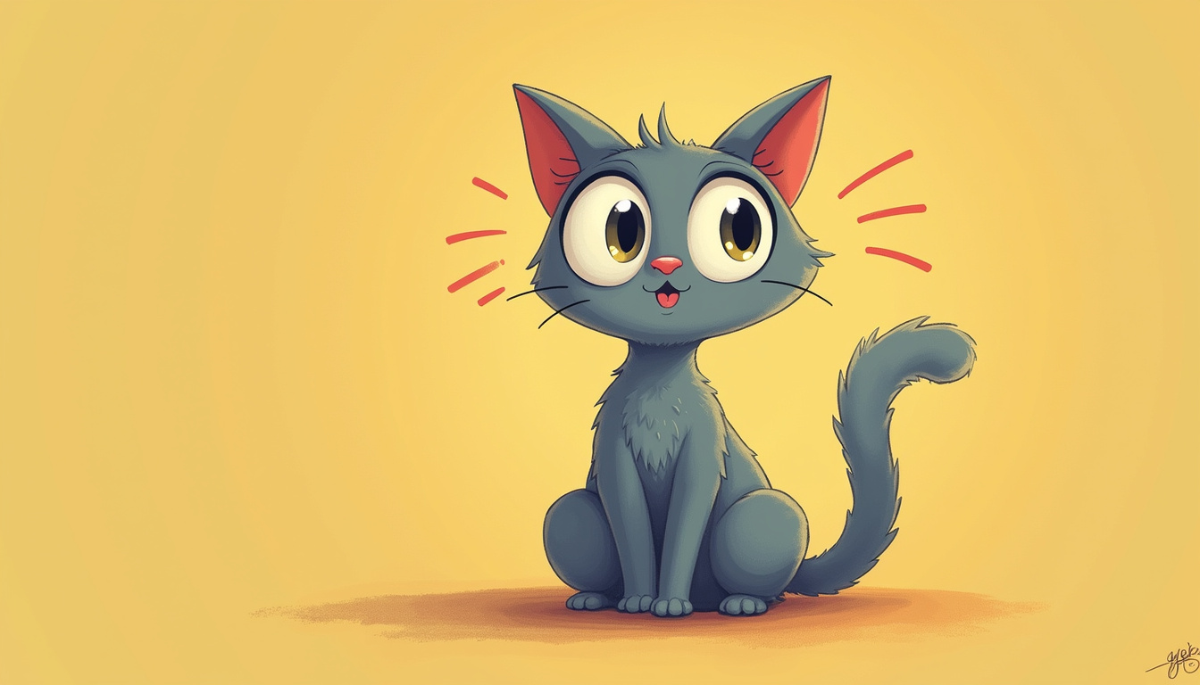 Curious cat with expressive eyes and tail, colorful background illustrating mood signals 