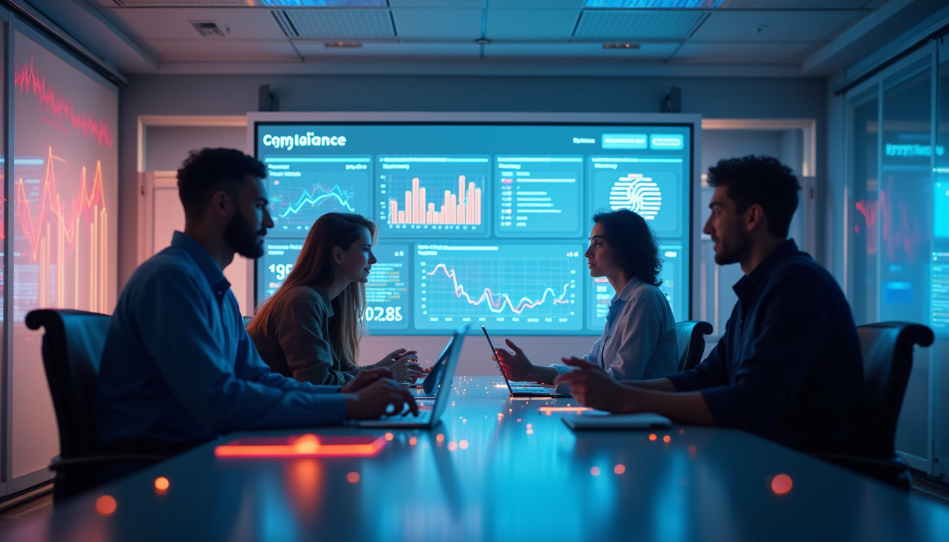  Diverse team collaborating, digital dashboard displaying compliance metrics, futuristic corporate environment