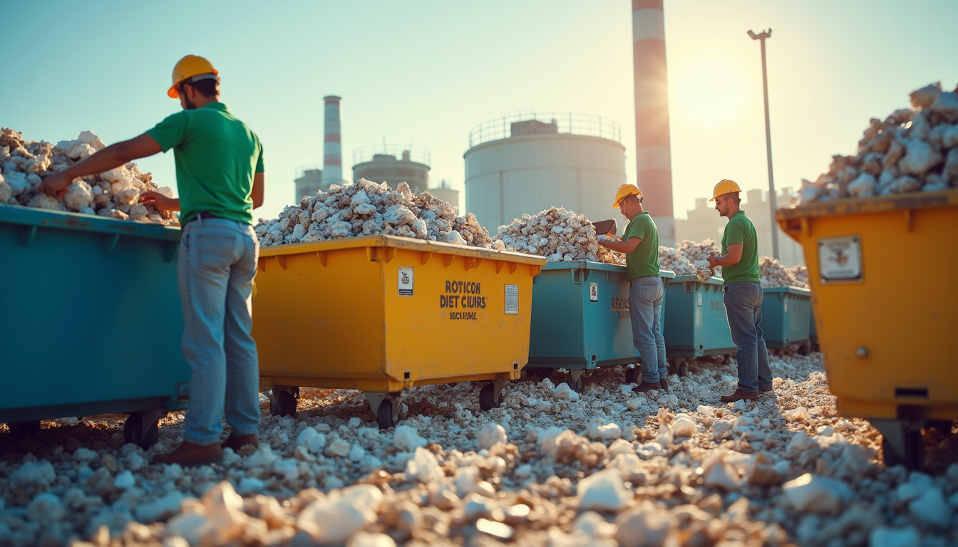 workers sorting recyclable materials, large dumpsters, industrial background, sunny day