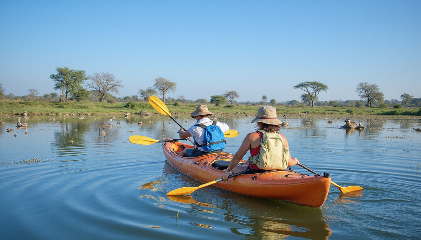 Adventurous travelers kayaking on the Nile surrounded by exotic wildlife and clear blue skies