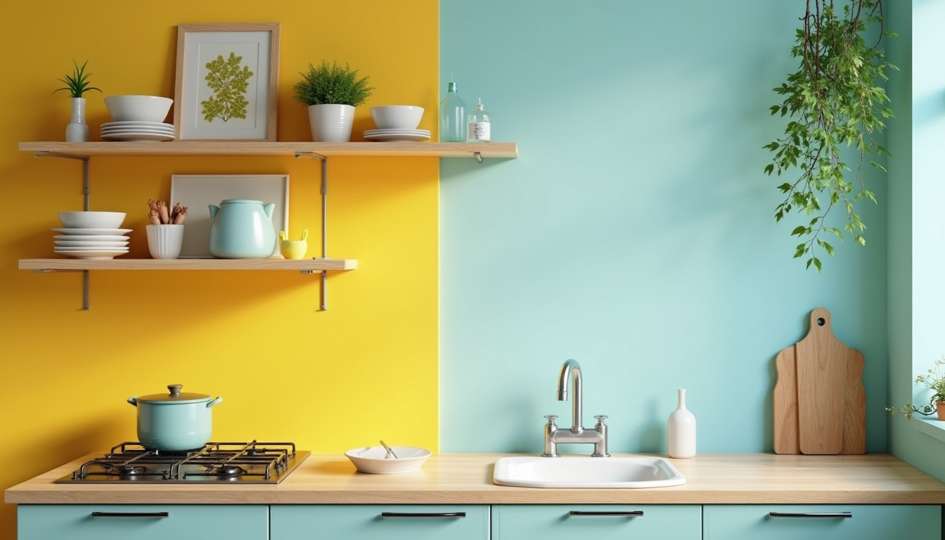  Small budget kitchen makeover with bright paint and stylish open shelves