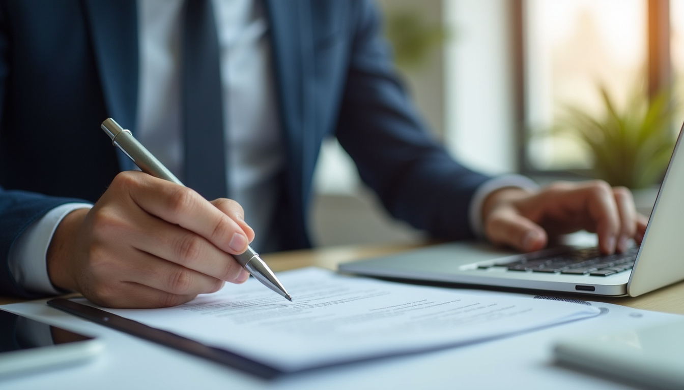  small business owner reviewing government contract documents, focused and organized workspace, paperwork and laptop