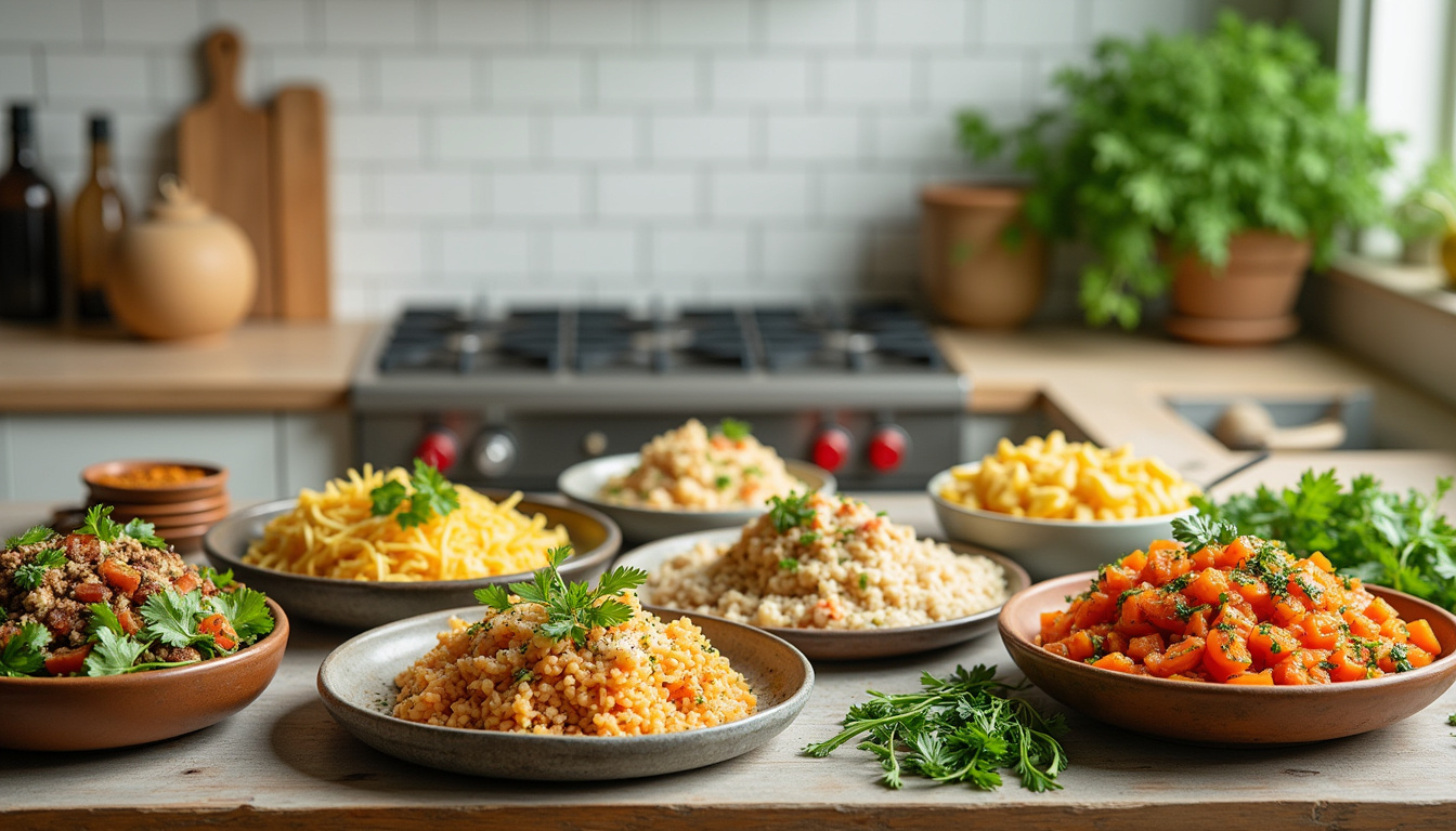 Rustic kitchen setting with an assortment of easy low carb dishes and fresh herbs