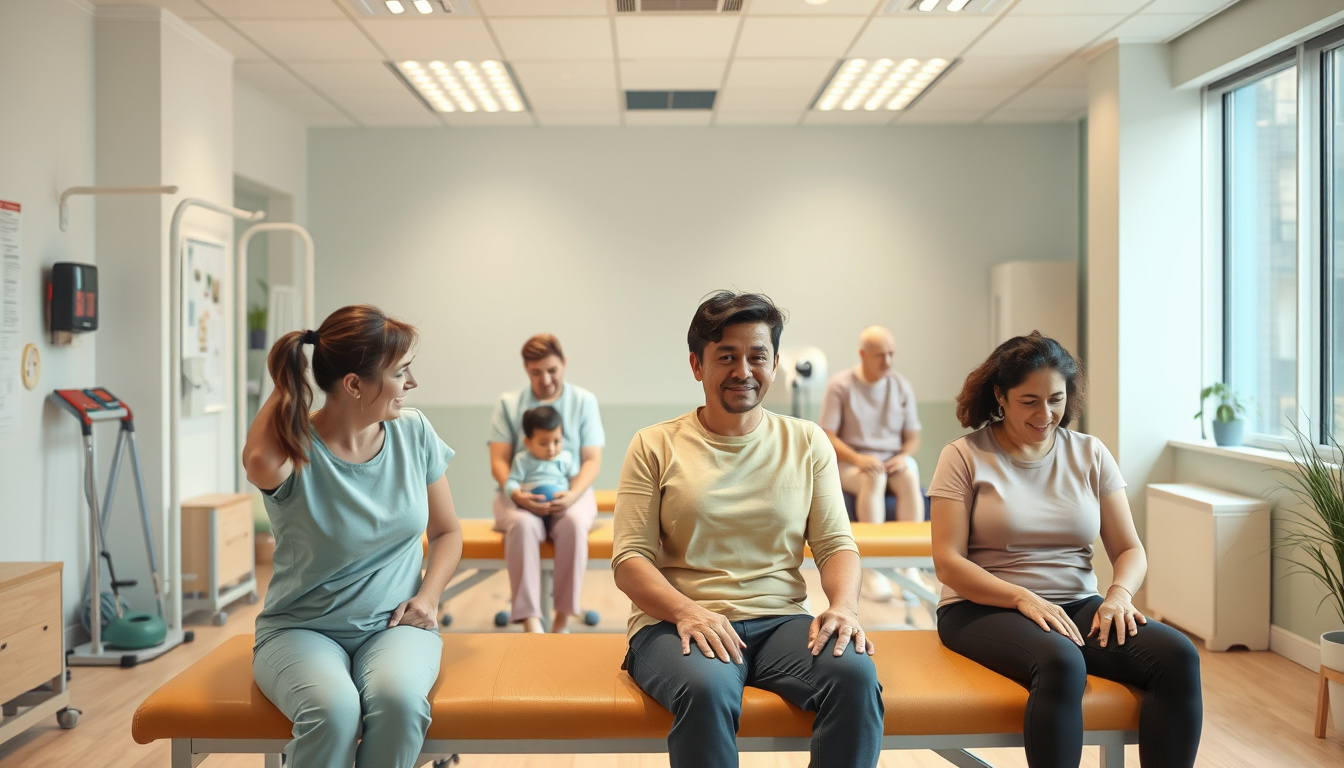  serene physical therapy scene with diverse patients recovering joint mobility, vibrant clinic environment