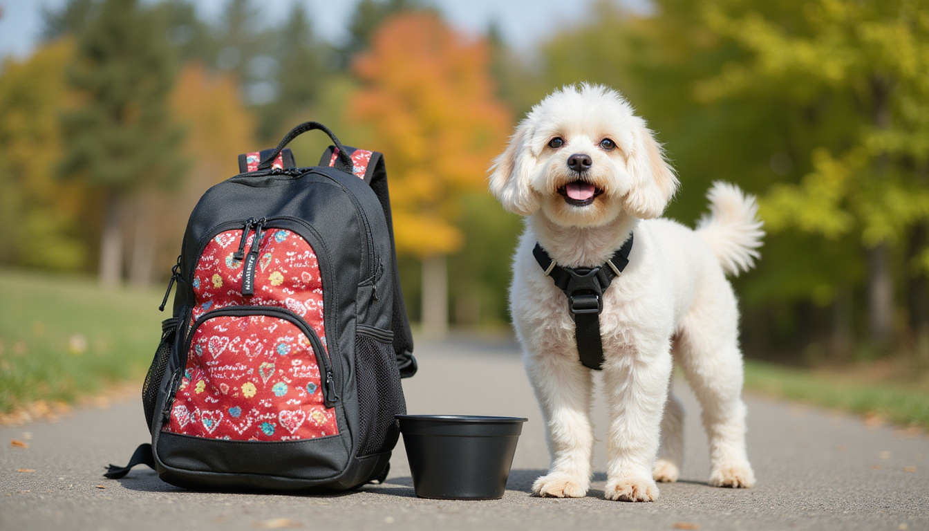  colorful dog backpack and portable water bowl in outdoor setting