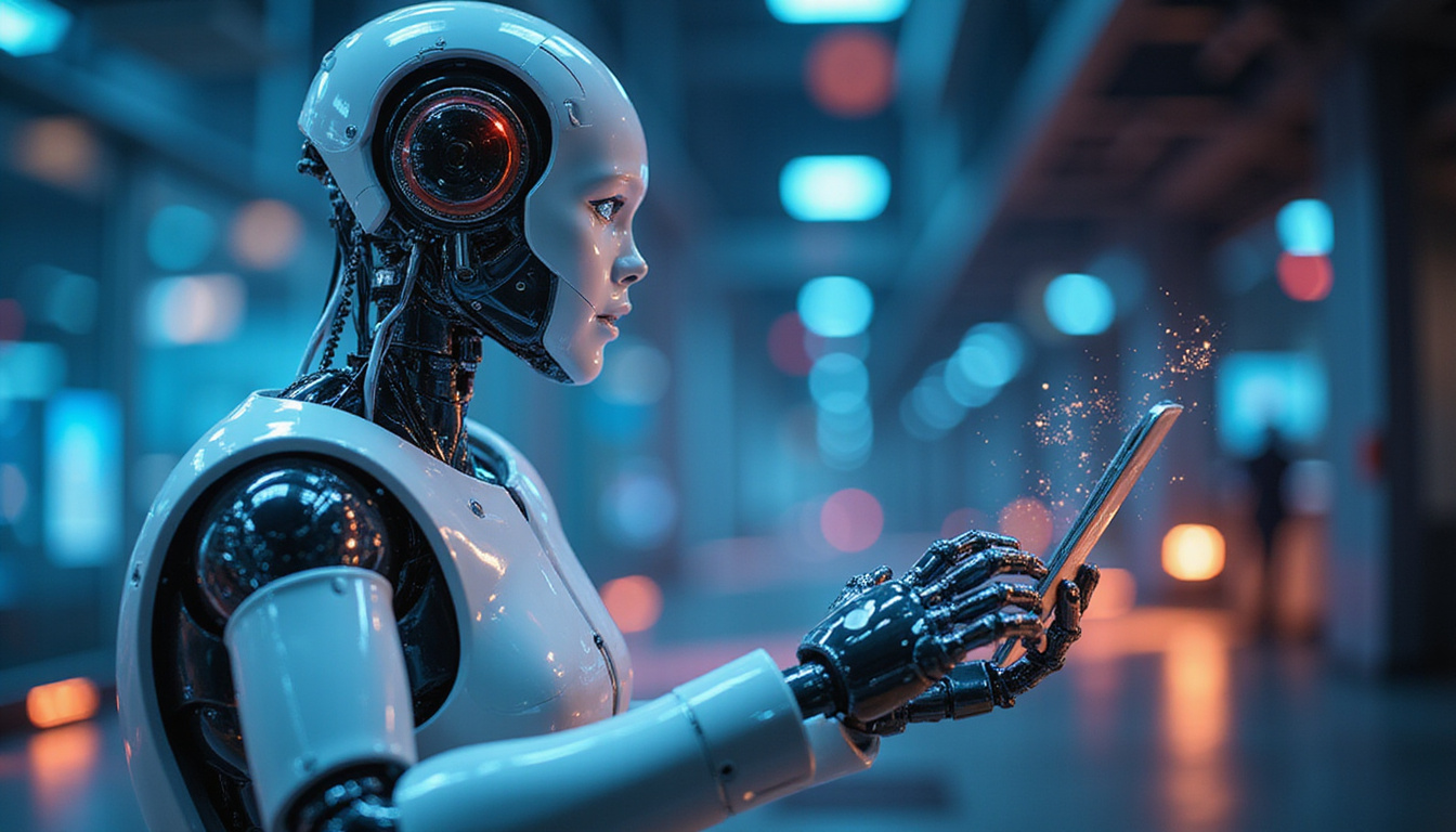  High-tech AI robot reviewing and enhancing digital media quality with glowing holographic data streams