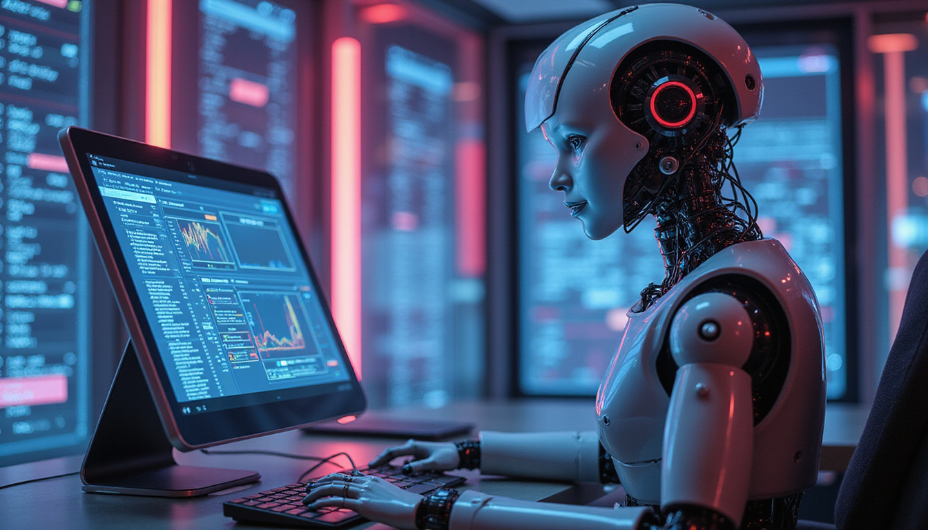  sleek humanoid robots studying complex data streams under neon lights