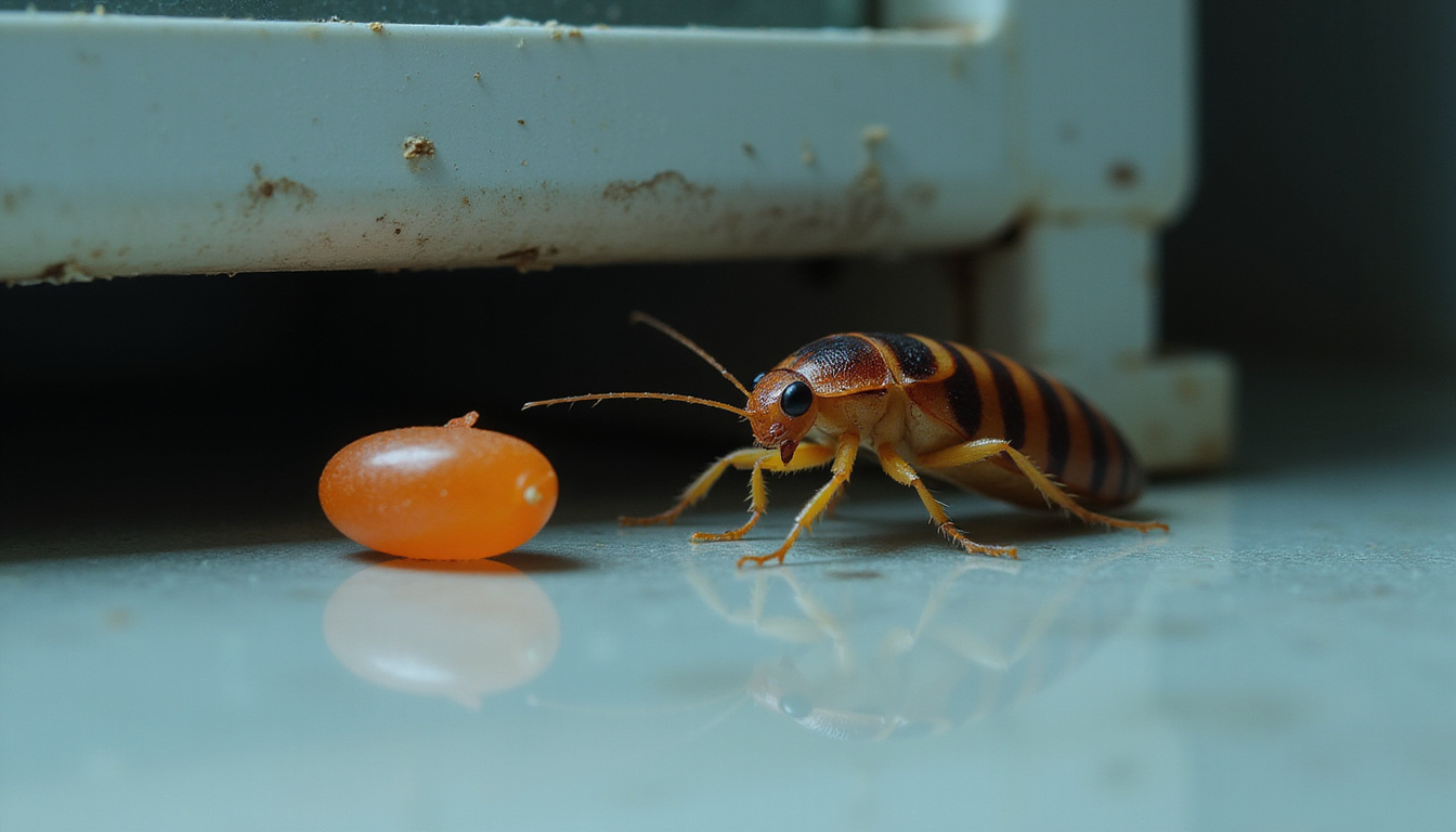  Cockroach hiding behind a refrigerator with gel bait nearby, dimly lit environment