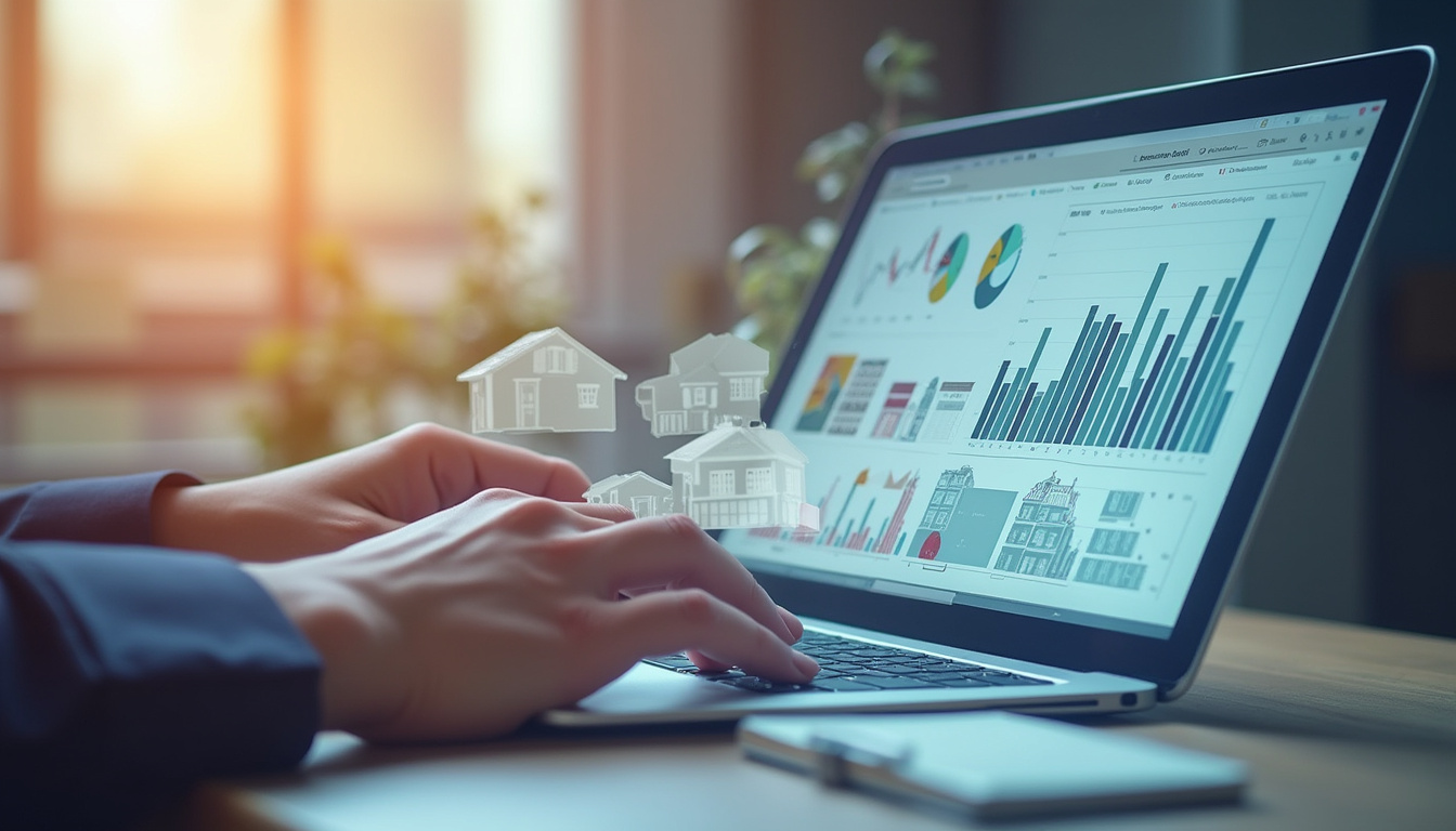 Real estate agent analyzing website data, laptop, house models, traffic increase visualization