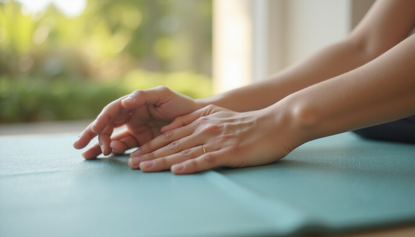  close-up of hand doing nerve gliding stretch, soft natural light, calming atmosphere