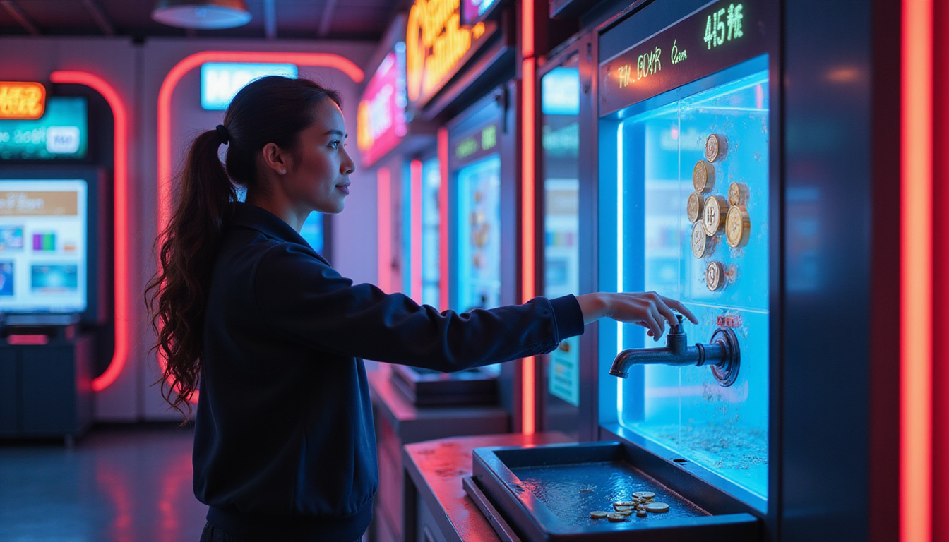  Person happily collecting cryptocurrency from a futuristic faucet machine, safe digital environment