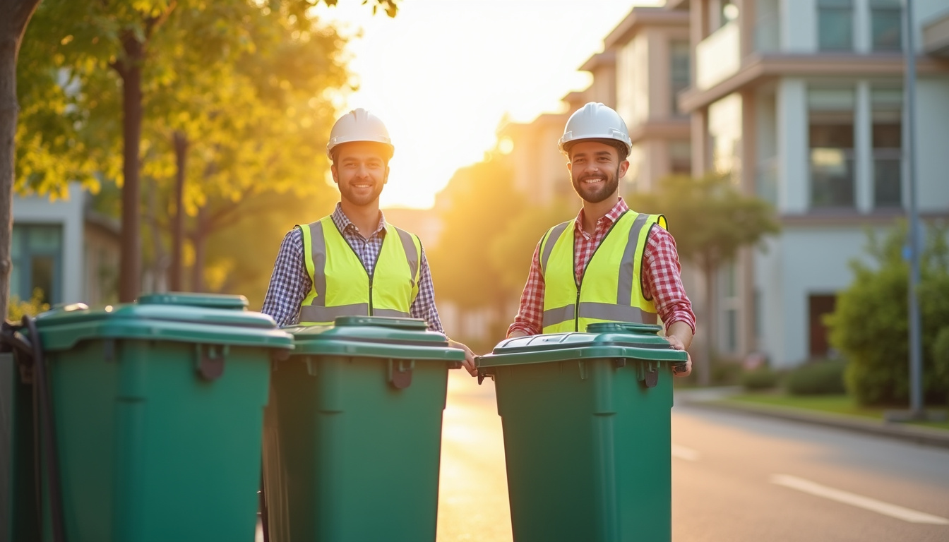 friendly workers in uniform carrying trash bins, efficient eco-friendly waste disposal, sunny day