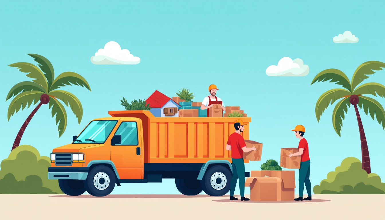 friendly workers loading household junk, palm trees and blue sky background
