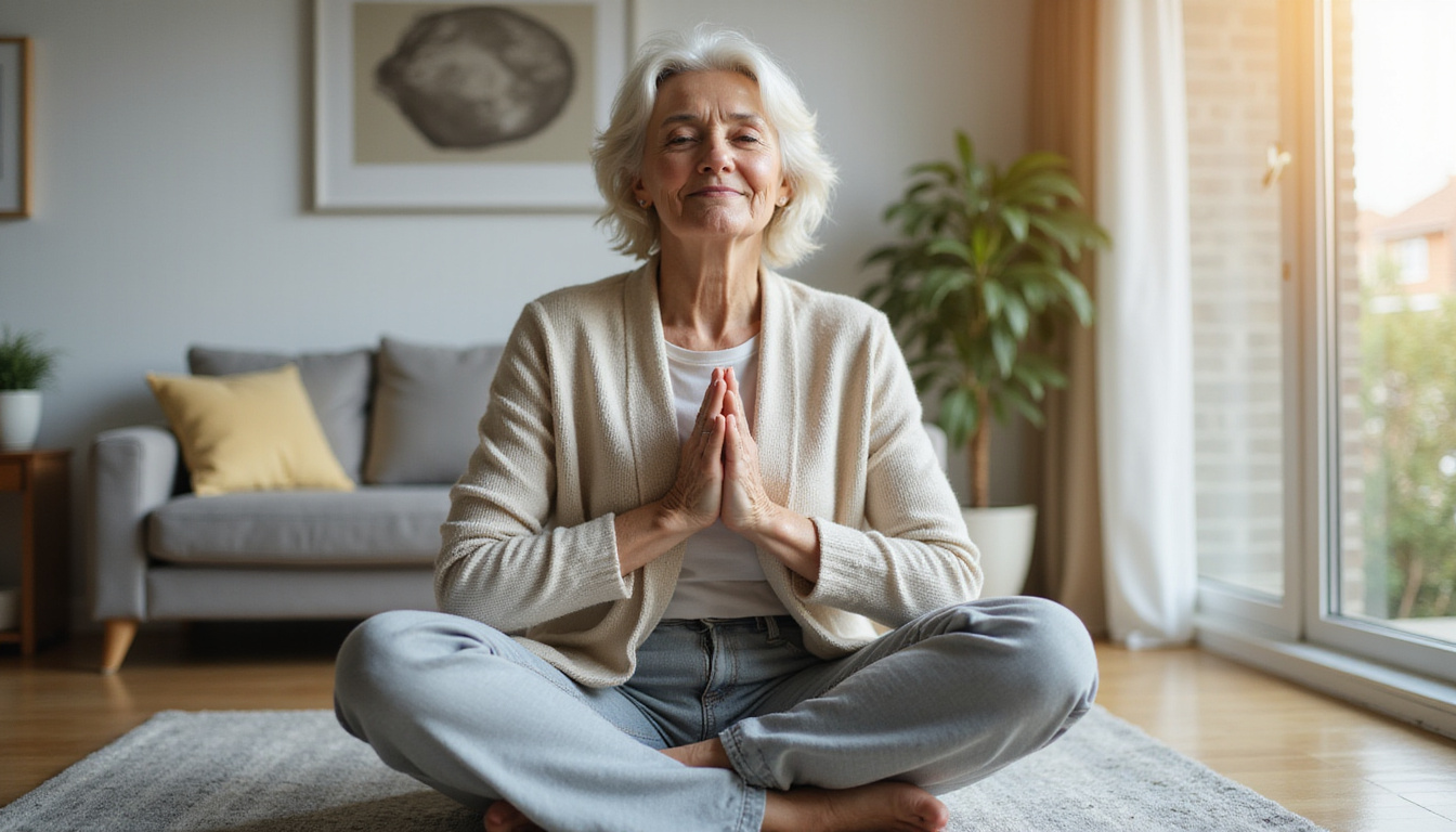  serene elderly woman practicing deep breathing and meditation for pain relief at home