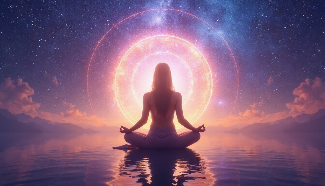  Tranquil figure in lotus pose with radiant aura, peaceful cosmic background