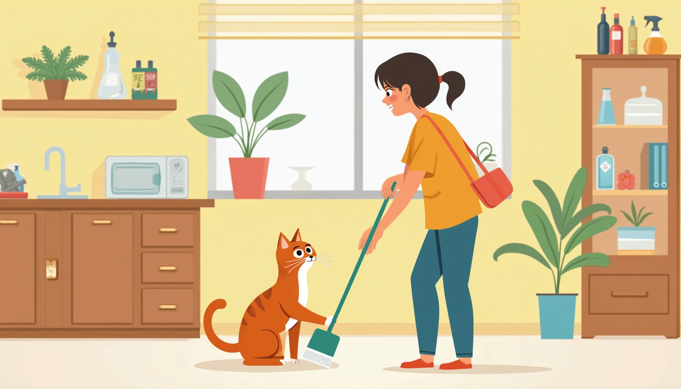 determined cat owner cleaning sprayed area, bright kitchen, preventing cat marking behavior