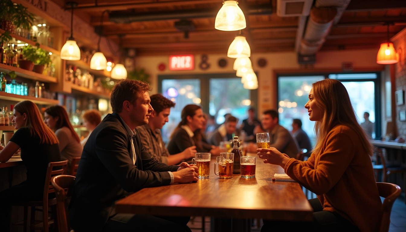 cozy pub scene with attentive staff monitoring guests, bright warm lighting, emphasis on safety signs