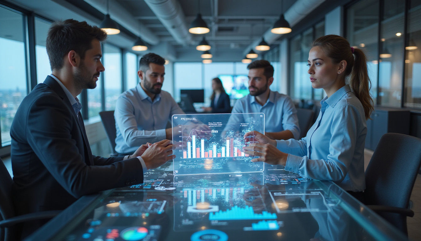 holographic predictive lead scoring dashboard, business professionals collaborating intensely, modern office setting