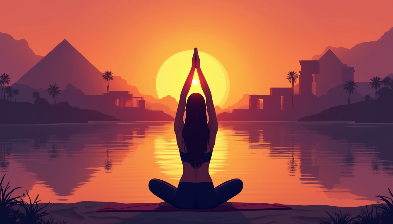  Peaceful yoga pose on riverbank, vibrant orange and purple sunset, ancient Egyptian backdrop, calm atmosphere