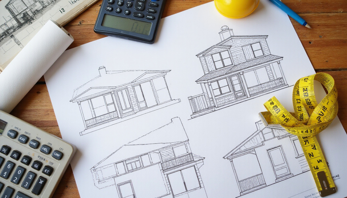  Organized workspace with renovation plans, calculator, and measuring tape on wooden table