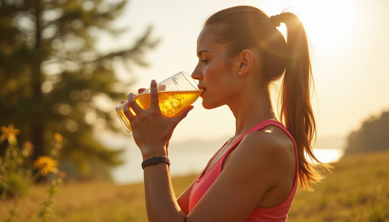  Athletic person drinking infused water outdoors, bright morning sunlight, healthy lifestyle vibe