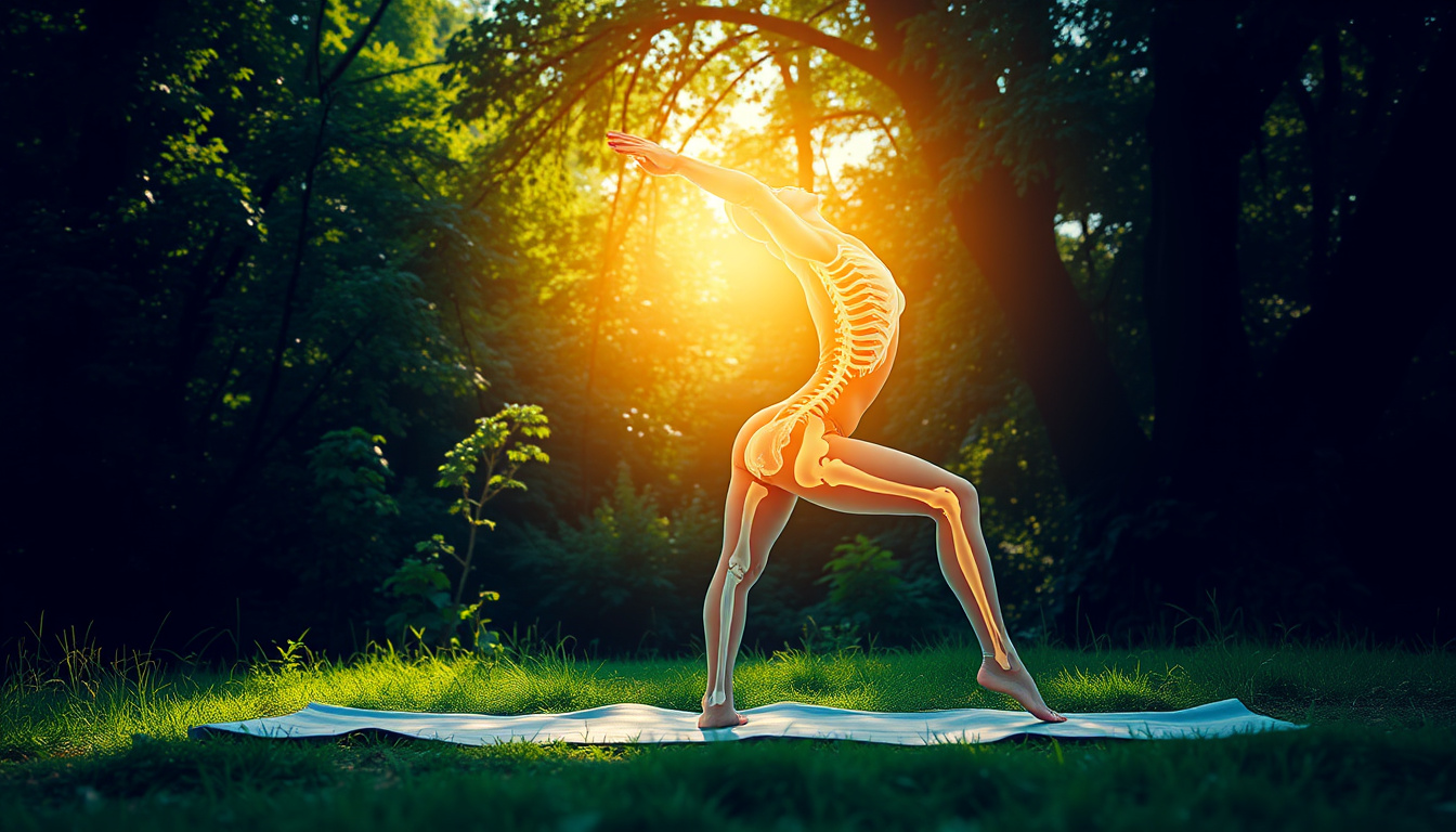  serene yoga practitioner in nature, fluid pose with translucent body showing joint movements
