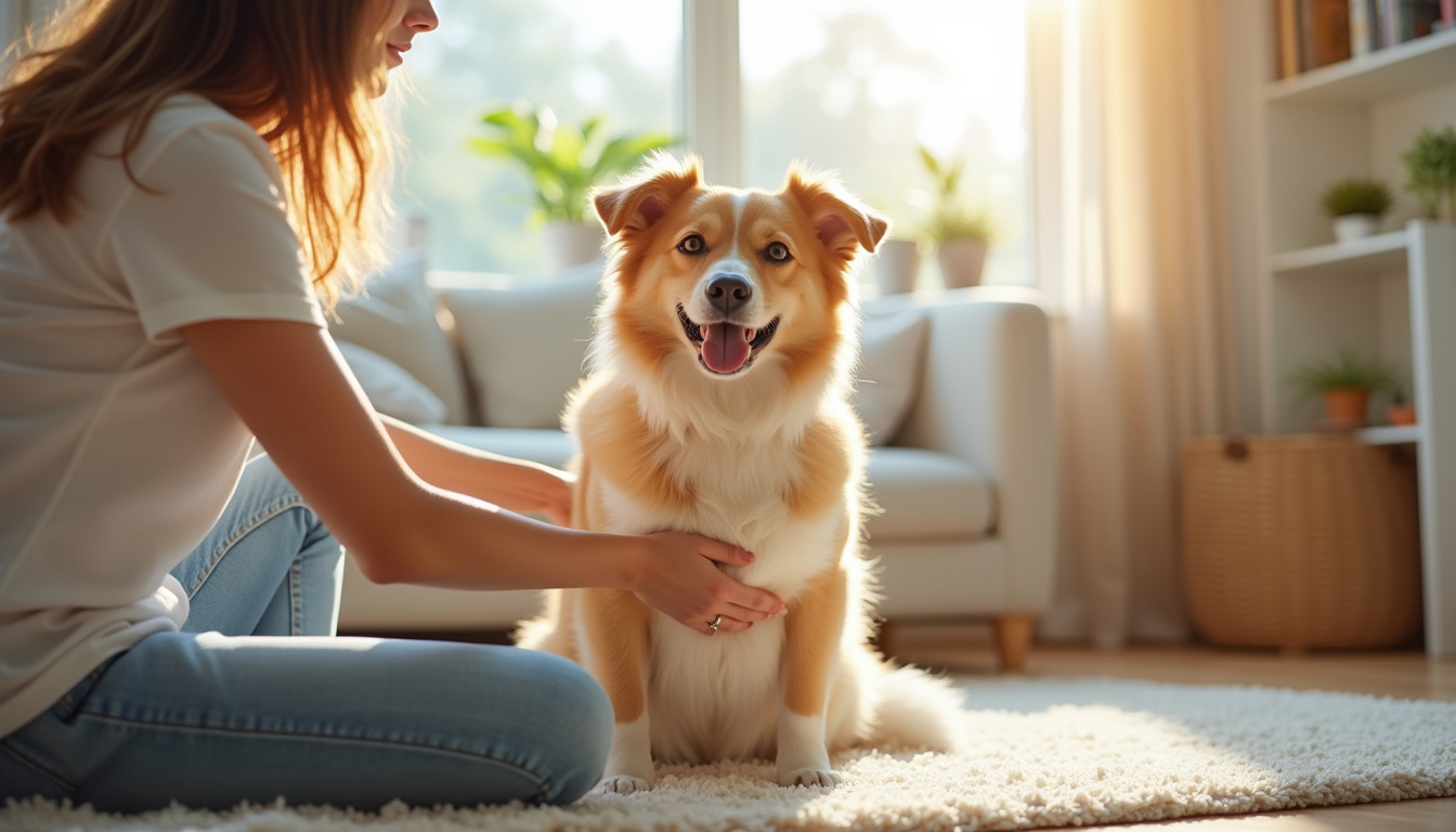  Owner gently petting smiling dog in a bright, cheerful living room