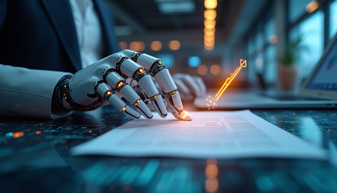  robotic hand reviewing documents with glowing compliance checkmarks, sleek modern workspace with data streams flowing