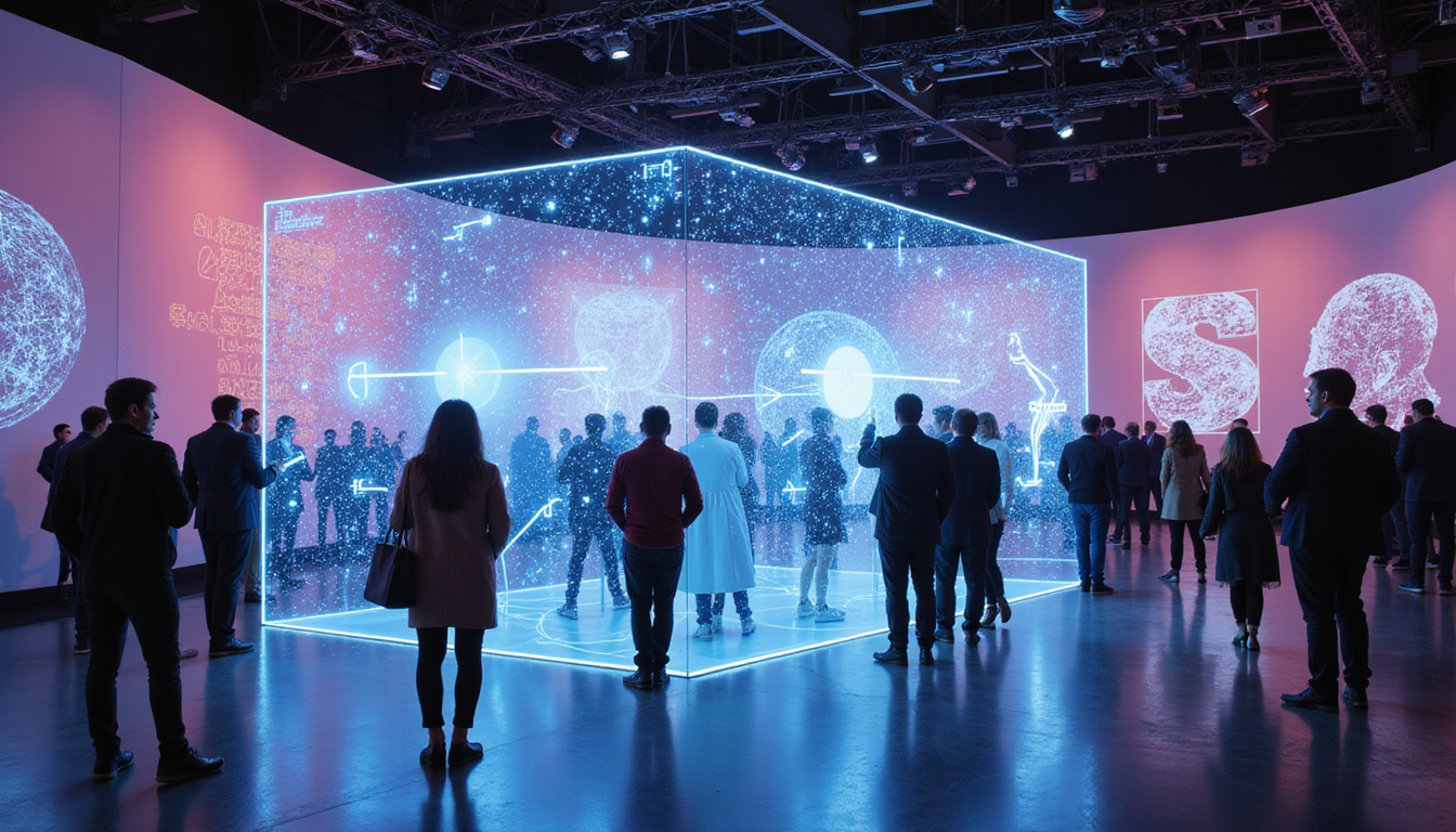  diverse group of people interacting with holographic NFT displays at a tech conference