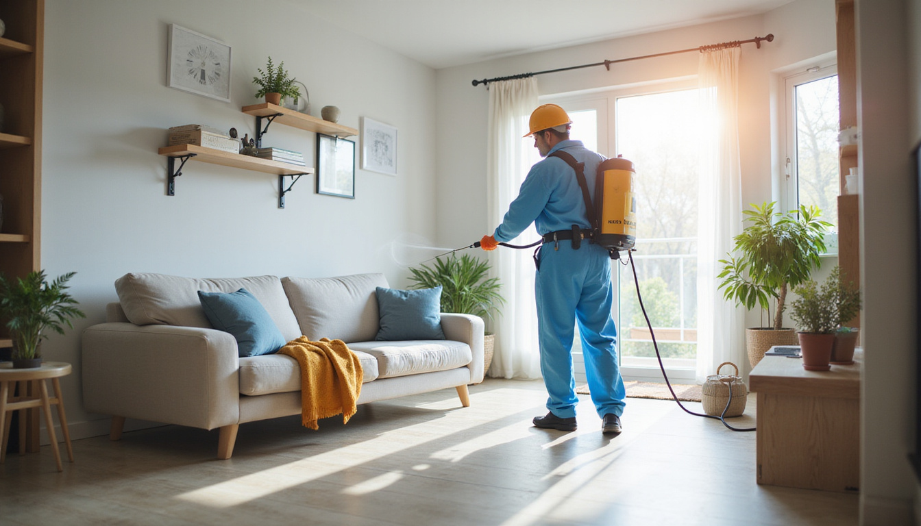  Pest control technician spraying insecticide in a modern home, focused and professional atmosphere