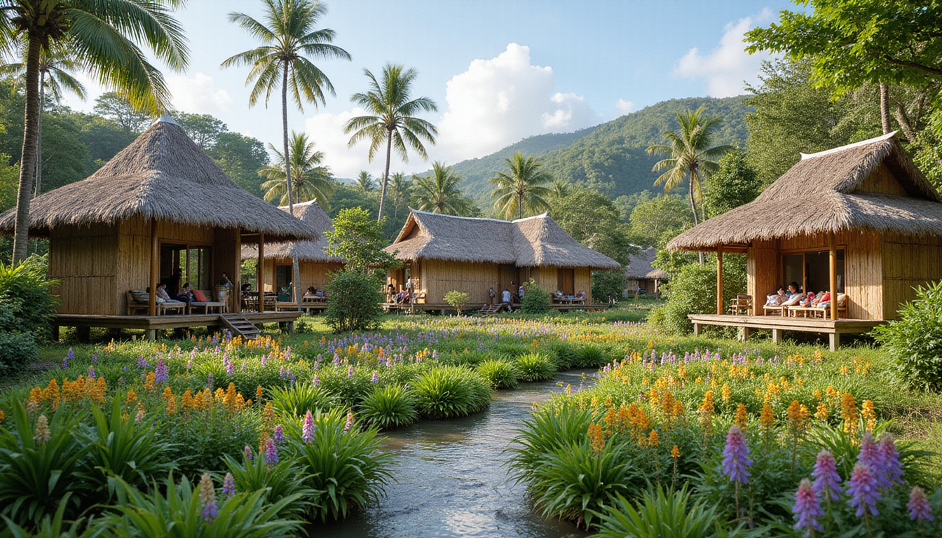 Traditional Balinese village with eco-friendly bamboo huts, tourists enjoying nature responsibly, tropical flowers blooming bright