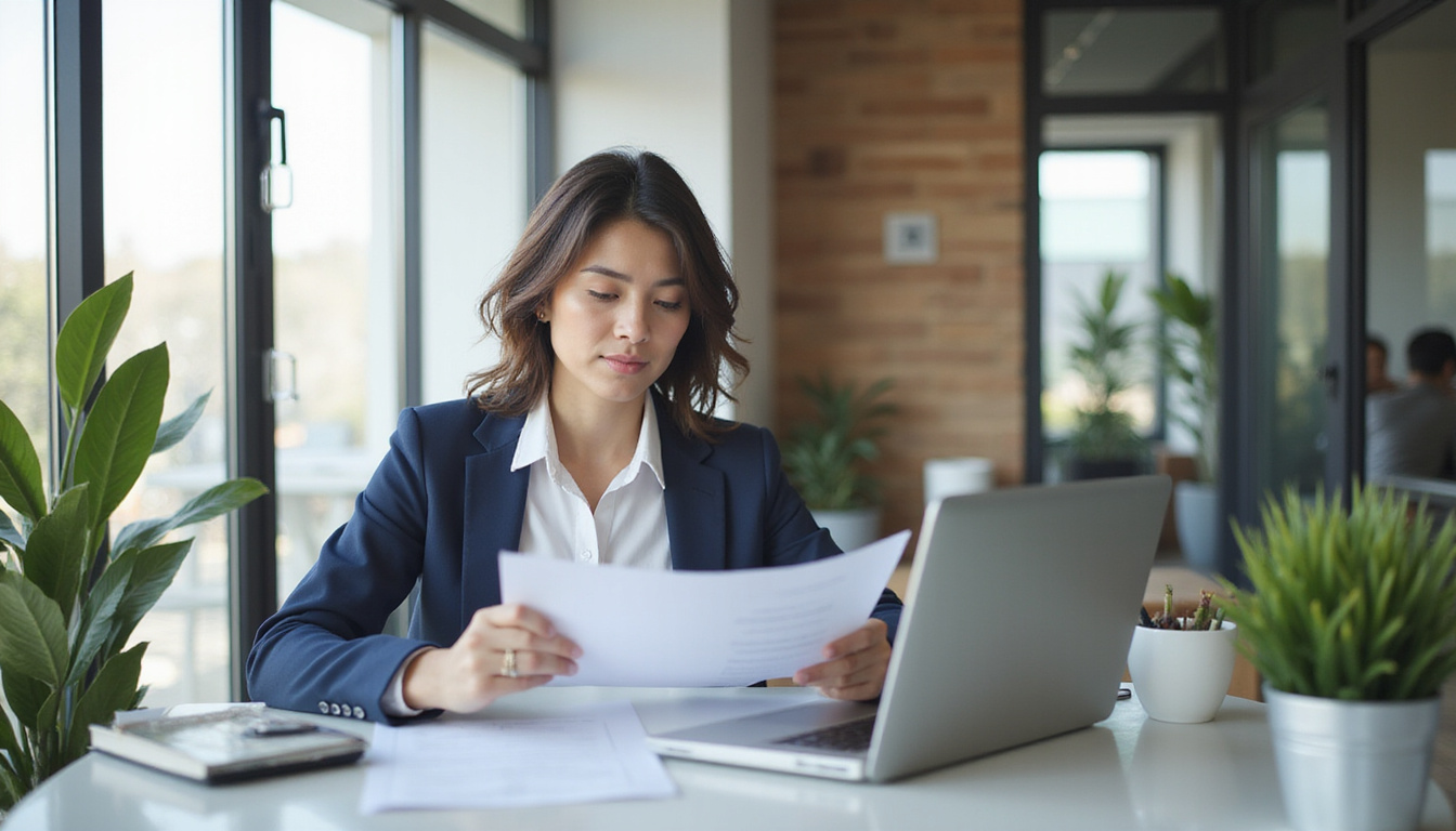 Modern real estate office with focused agent reviewing closing documents, laptop open
